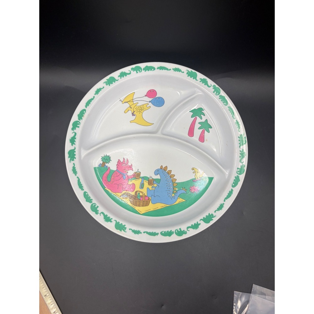 Unbranded Kids Vintage 90s Dinosaur Picnic Melamine Divided Plates Set of 3